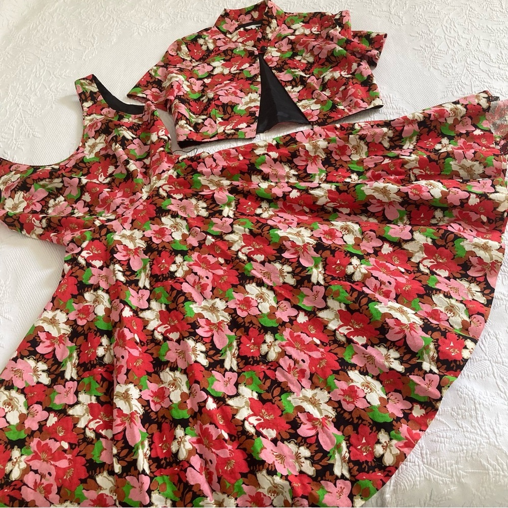 Vintage Les Wilk 60s floral rockabilly dress full skirt jacket size S, Bust 34”